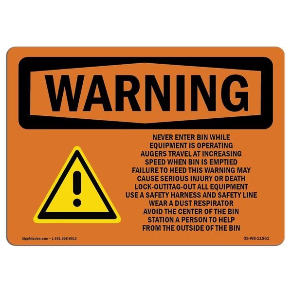 OSHA Sign, Grain Bin Silo Safety, 18in X 12in Decal, 12